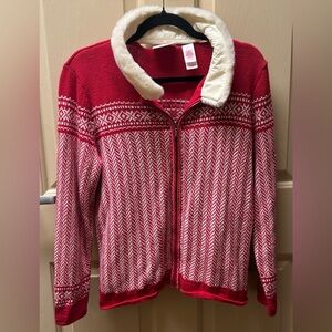 Meg Allen/Liz Claiborne Red and White Zip Up Cardigan with detachable fur collar